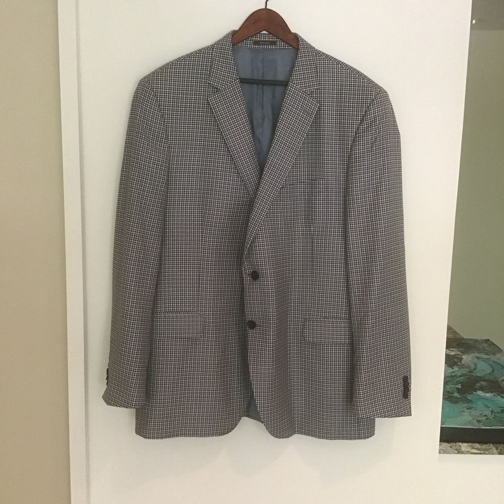 Peter Millar 48T 100% Wool Sport Coat Blazer Blue White Micro Plaid 2 Button
